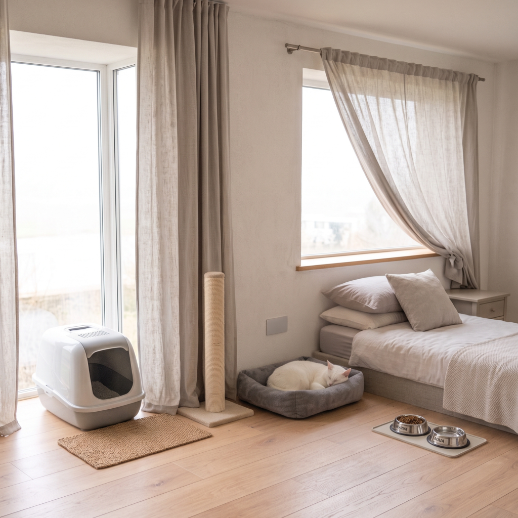 Habitación base para un gato tras la mudanza con arenero, rascador, cama y comederos